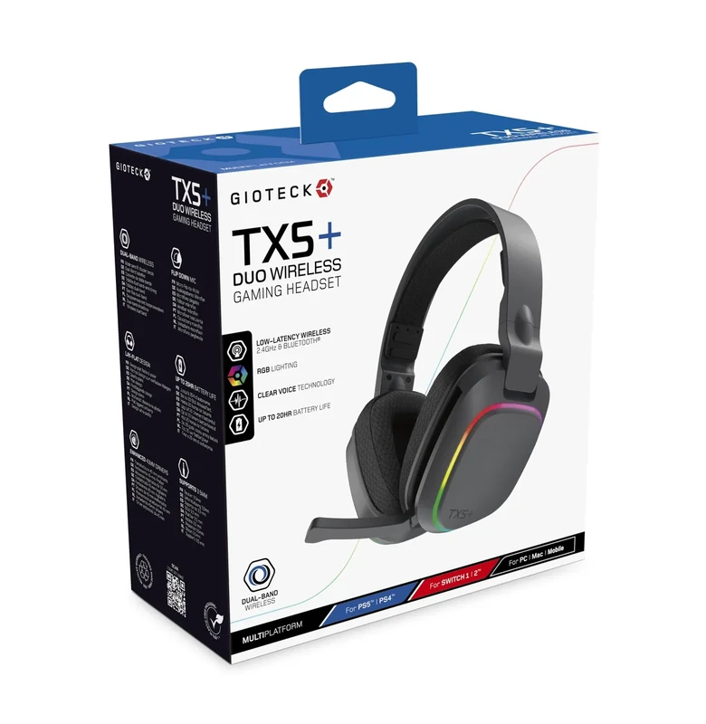 Gioteck TX5+ DUO Wireless Headset for Nintendo Switch 1/2, PS5, PC - Low Latency Dongle - Customisable RGB