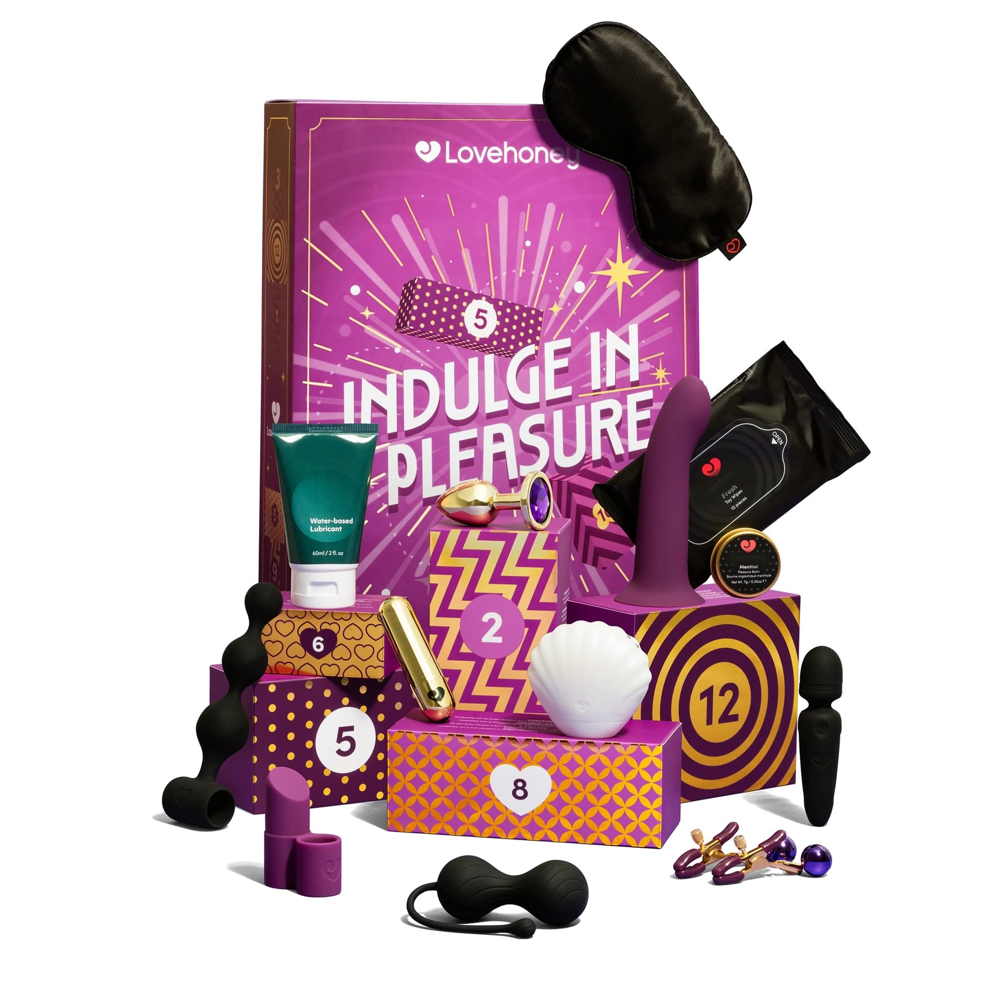 Lovehoney Indulge Advent Calendar 2025 | 12 Day Sex Toy Kit Gift Set for Women | Clitoral Suction Vibrator, G Spot Dildo, Wand, Butt Plug, Lubricant | Erotic Adult Toys for Woman | Worth Over £200