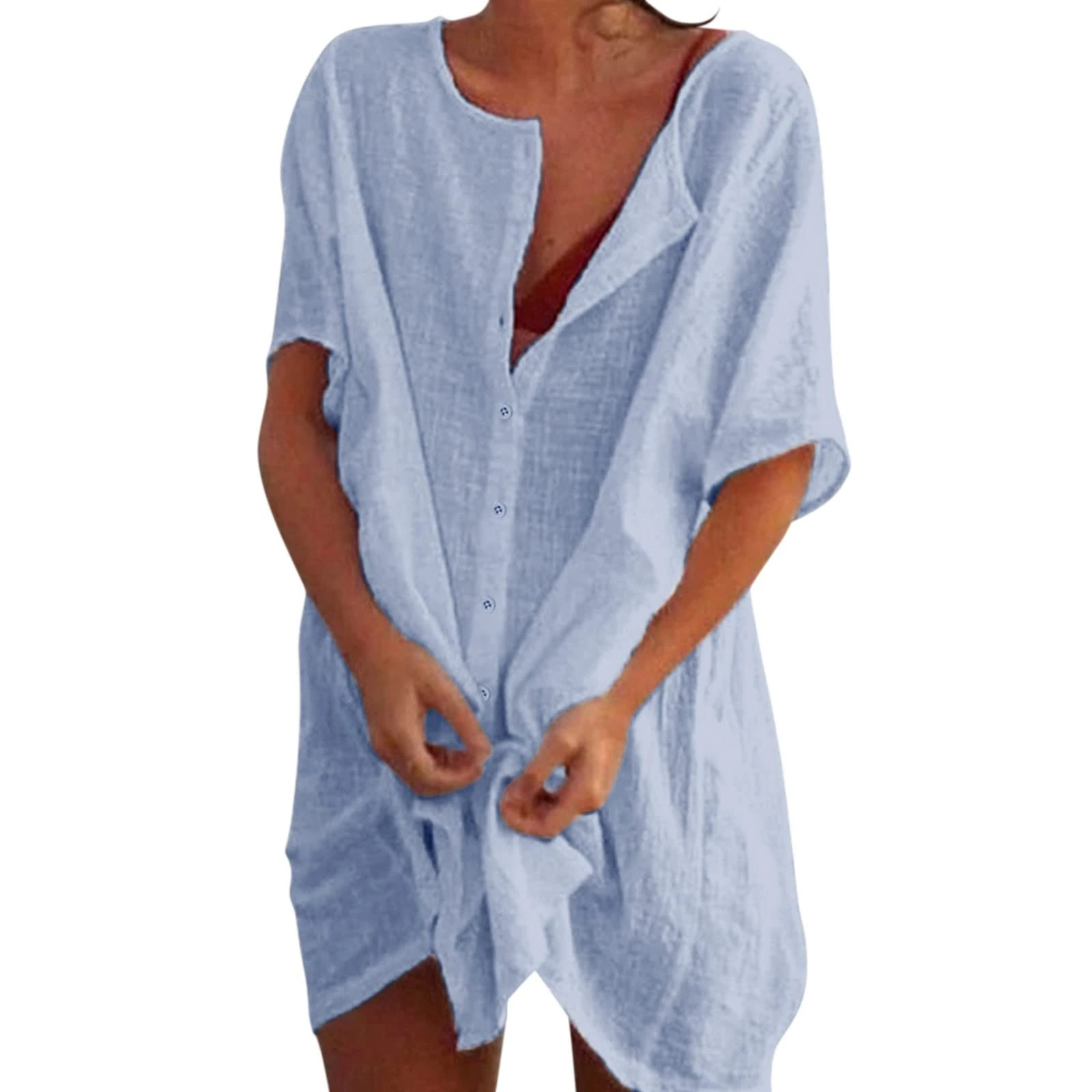 Women Beach Cover Up Kaftans Swimsuit Coverup Long Beachwear Beach Dress with Buttons Linen Tops Shirt Dresses Bikinis Sarong Loose Blouse Oversized for Lady Swimdresses for Women UK (02-Blue, M)