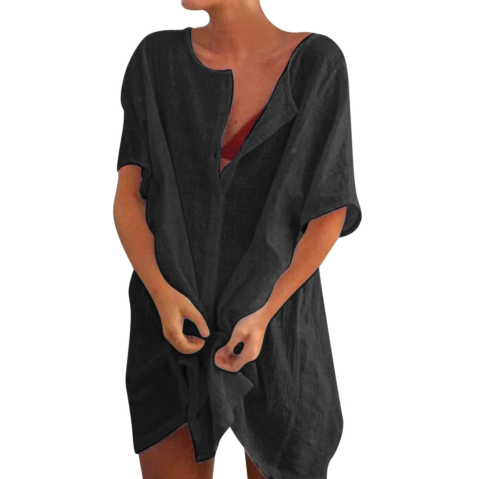 Women Beach Cover Up Kaftans Swimsuit Coverup Long Beachwear Beach Dress with Buttons Linen Tops Shirt Dresses Bikinis Sarong Loose Blouse Oversized for Lady Swimdresses for Women UK (03-Black, M)