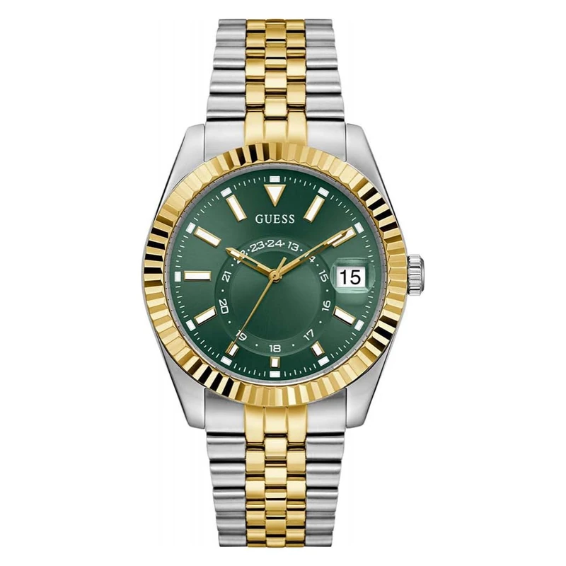 Guess Jaden Ladies Watch Silver and Gold Stainless Steel Bracelet Mineral Glass Dark Green Dial 5 Bar Case Diameter 42mm GW0977G4