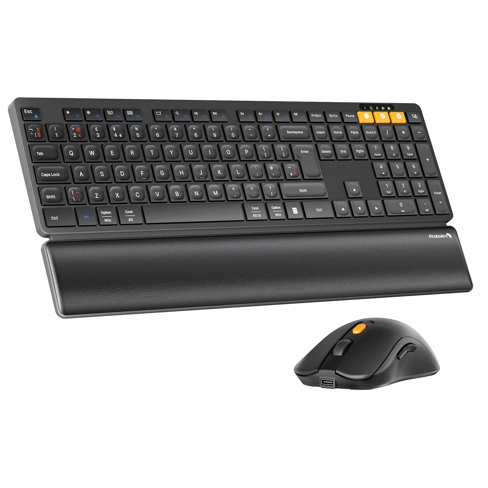 ProtoArc Wireless Keyboard and Mouse, KM60 Full-Size Bluetooth Keyboard and Mouse Set with Wrist Rest, 2.4GHz + Dual Bluetooth, Rechargeable, for Laptop, PC, Mac, Windows, QWERTY UK Layout, Black