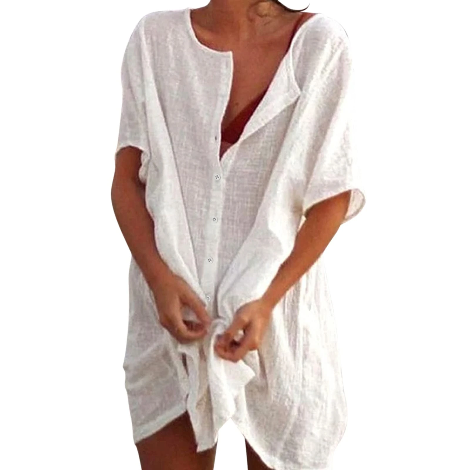 Women Beach Cover Up Kaftans Swimsuit Coverup Long Beachwear Beach Dress with Buttons Linen Tops Shirt Dresses Bikinis Sarong Loose Blouse Oversized for Lady Swimdresses for Women UK (03-White, M)