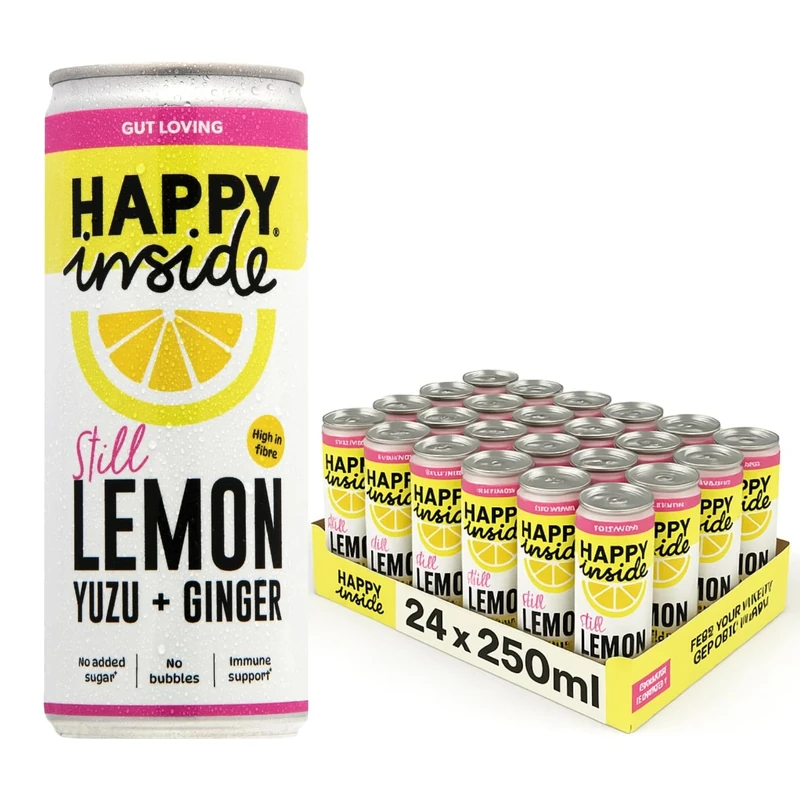 Happy Inside Gut Health Juice – Lemon, Yuzu & Ginger | No Added Sugar, High in Prebiotic Fibre, Vitamin C | Vegan (24 x 250ml)