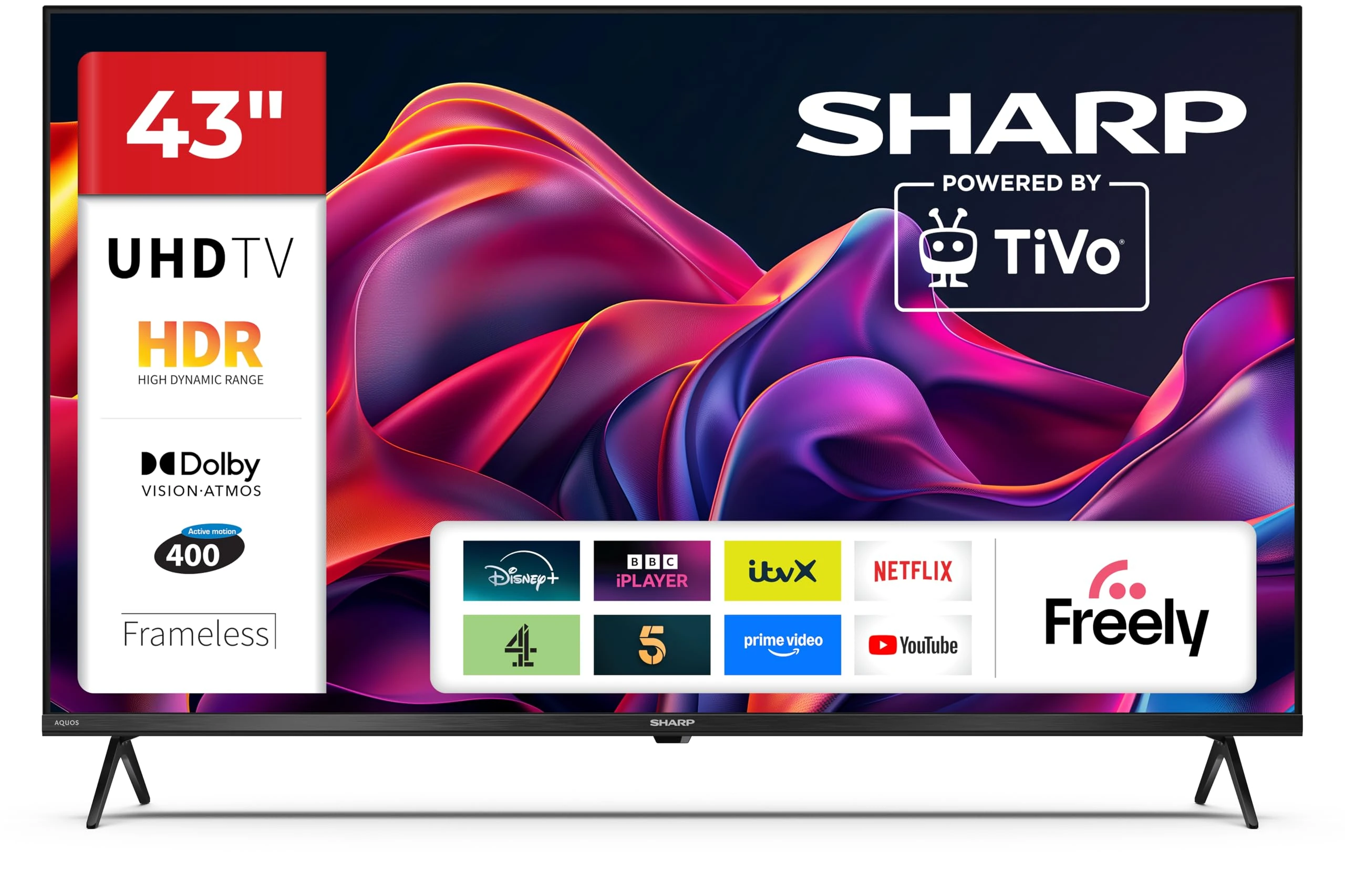 Sharp 43-inch 4K Ultra HD Frameless Smart TV – Powered by TiVo, Dolby Vision HDR, Dolby Atmos, AV1, HDMI 2.1 (eARC), Freely – 43GK4345K (GK Series)