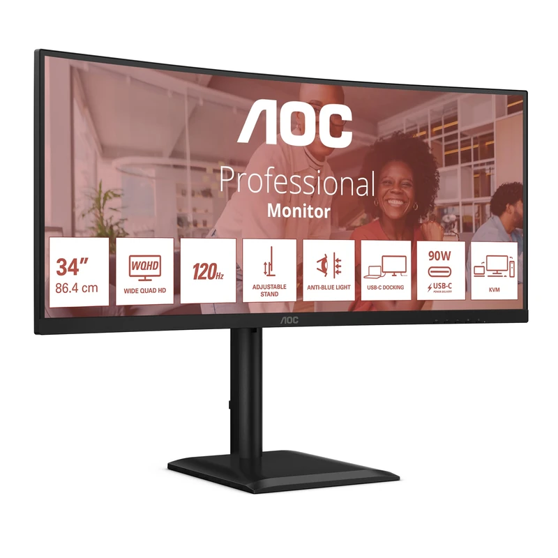 AOC CU34E4CV 34 inch UW-QHD Monitor Curved, 120Hz, VA Panel, 4ms GtG, HDR Ready/HDR10, Height Adjustment, Speakers, (3440x1440 HDMI 2x 2.1 TMDS DP 1x 1.4 USB Hub) Black