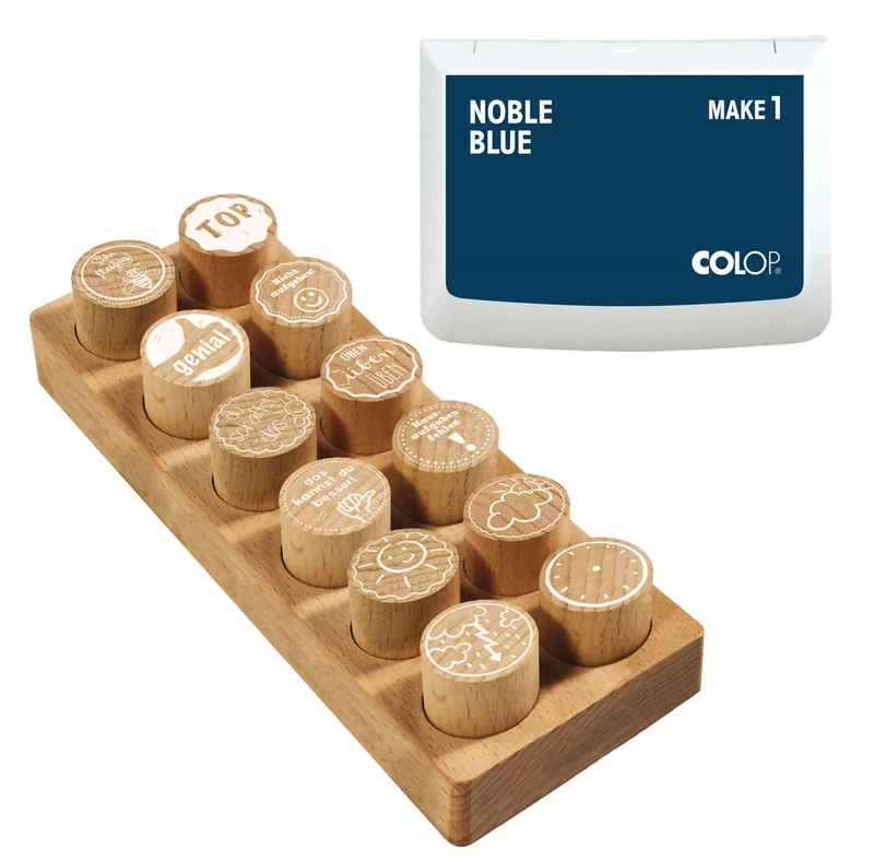 COLOP Woodies Wooden Stamp Set Motivation with 12 Designs, Recognition and Motivation Stamp Made of Beechwood, Print Size: Diameter 29 mm, Includes 1 Stamp Pad, Black Blue, 50 x 90 mm - Image 1