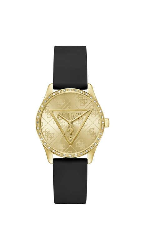 Guess Roxy GW0942L2 Women's Quartz Analogue Watch with 36 mm Stainless Steel Black Silicone Strap 3 Bar Gold Dial