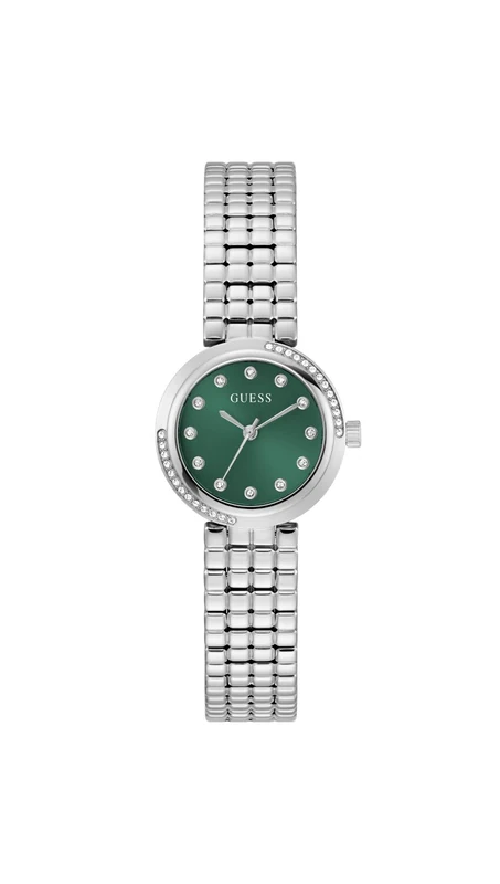 Guess Women's Clara 28mm Stainless Steel Silver Green Dial Quartz Mineral Glass Watch 3ATM Cubic Zirconia 14mm Link Bracelet GW0930L1