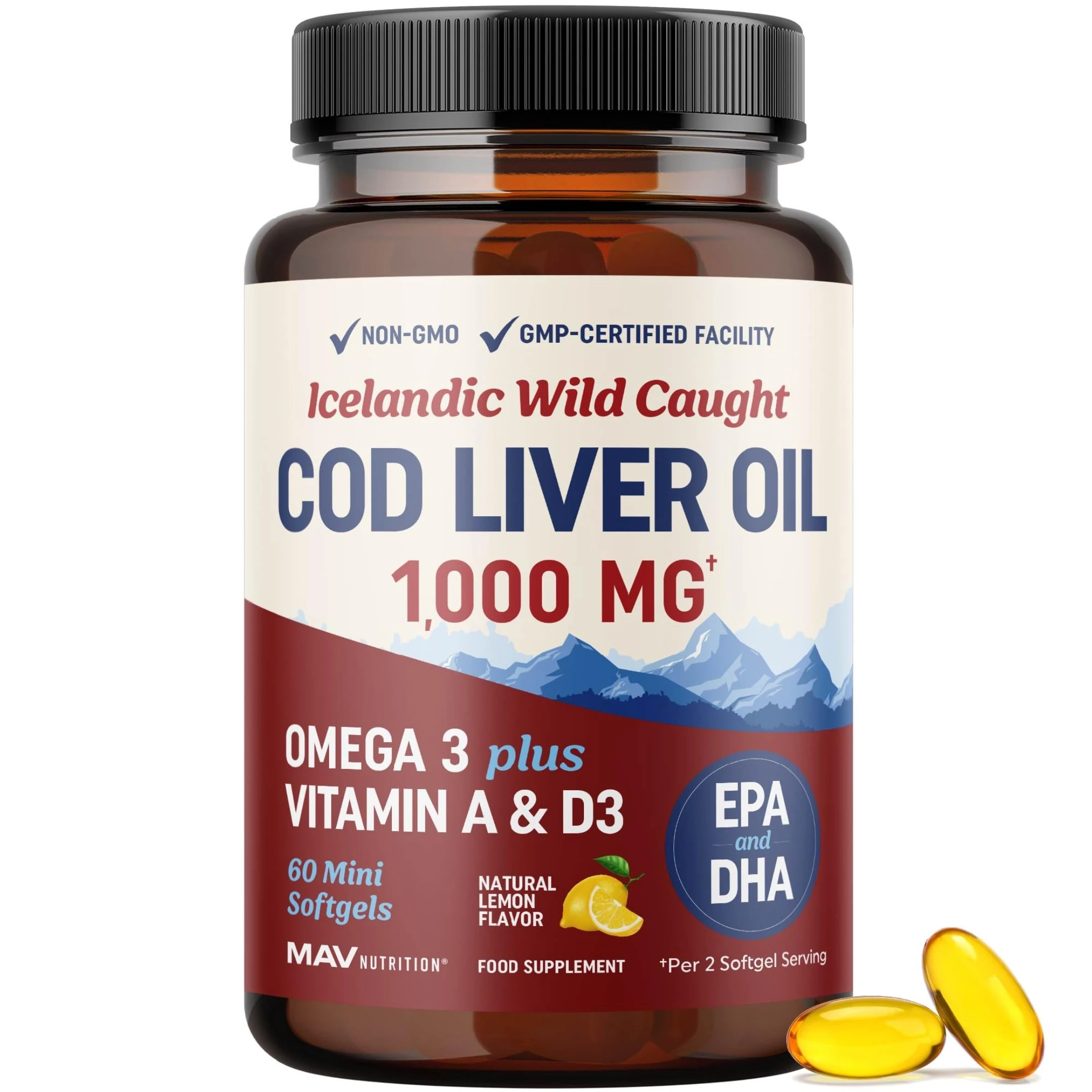 Cod Liver Oil Softgels 1000MG | Omega 3 + Vitamin A & D3 | Wild Caught Cod Liver Oil, Icelandic Sourced & Molecularly Distilled | EPA DHA Omega 3 Supplement for Bone, Eye & Immune Health | 60 Ct