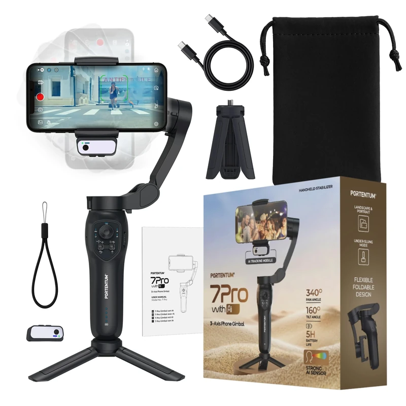 PORTENTUM 7 Pro Gimbal Stabilizer for Smartphones with independent AI tracking module – Phone gimbal 3-axis stabilization foldable with tripod – Optional app – iPhone and Android – Vlog YouTube TikTok