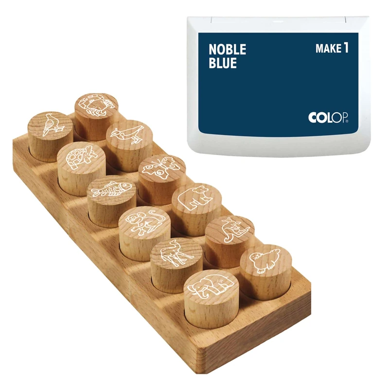 COLOP Woodies Wooden Stamp Set Exotic Animals with 12 Motifs, Recognition and Motivation Stamp Made of Beechwood, Print Size: Diameter 29 mm, Includes 1 Stamp Pad, Black Blue, 50 x 90 mm