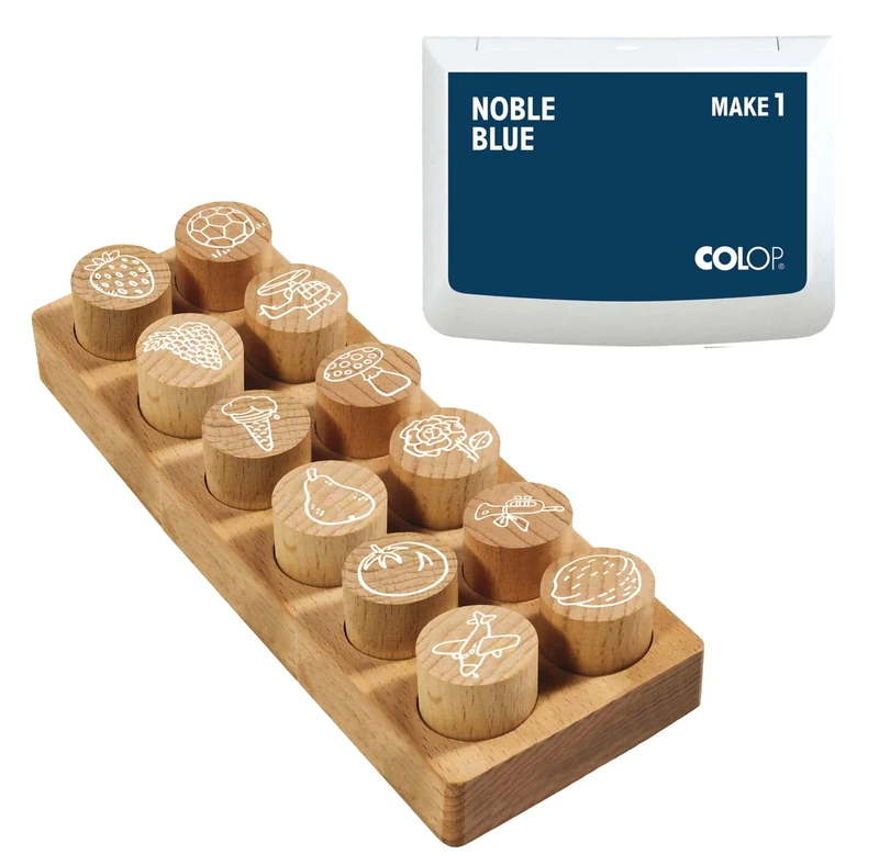 COLOP Woodies Wooden Stamp Set Mix with 12 Designs, Recognition and Motivation Stamp Made of Beechwood, Print Size: Diameter 29 mm, Includes 1 Stamp Pad, Black Blue, 50 x 90 mm