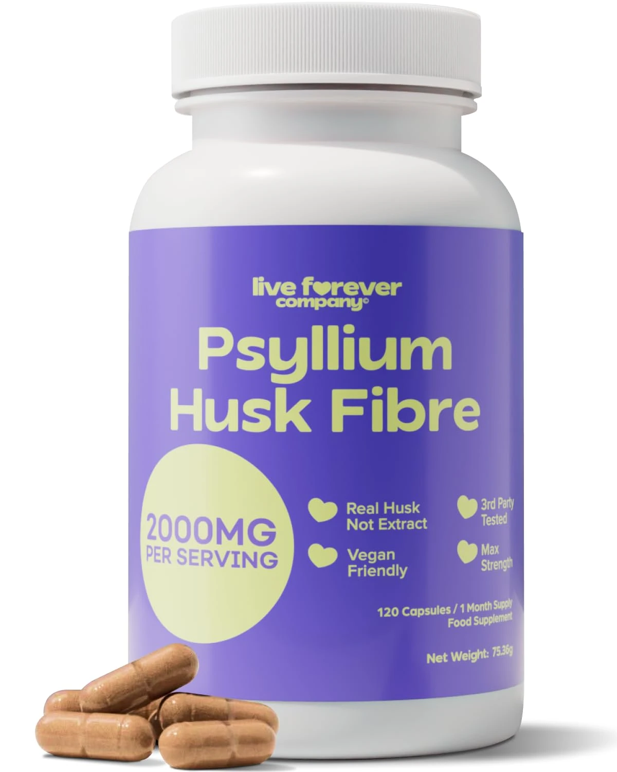 Psyllium Husk 2000MG - Whole, No Extract - Premium Psyllium Husks Fibre Supplement - Natural Soluble Fiber for Gut Health - Physillan Husk Supplement for Digestion Support and Appetite Control