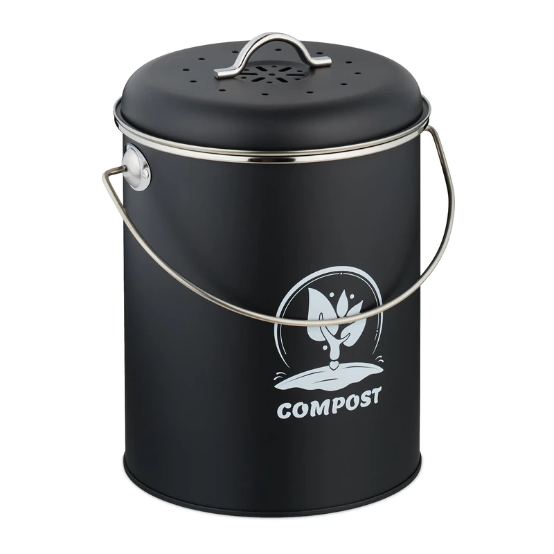 Relaxdays Kitchen Compost Bin, 5.5 Litres, Iron, Odour Filter, with Lid & Handle, Organic Food Waste Caddy, Round, Black