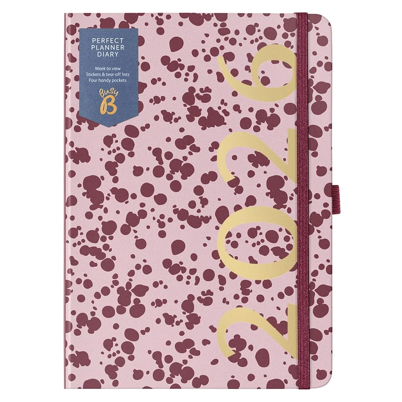 Busy B 2026 Weekly Diary A5 Planner with Burgundy Spray Cover - Daily Life Organiser, Jan-Dec - Pockets, Stickers & Notes Pages - Clever Design for Work, Home & School Planning