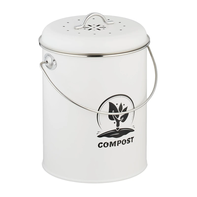 Relaxdays Kitchen Compost Bin, 5.5 litres, Iron, Odour Filter, with Lid & Handle, Organic Food Waste Caddy, Round, White