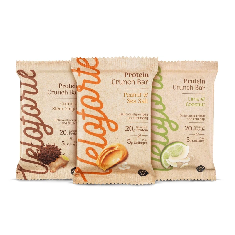 Veloforte Protein Crunch Bar, Mixed Flavours, 20g Complete Protein, 5g Collagen, 100% Natural (15 Pack)