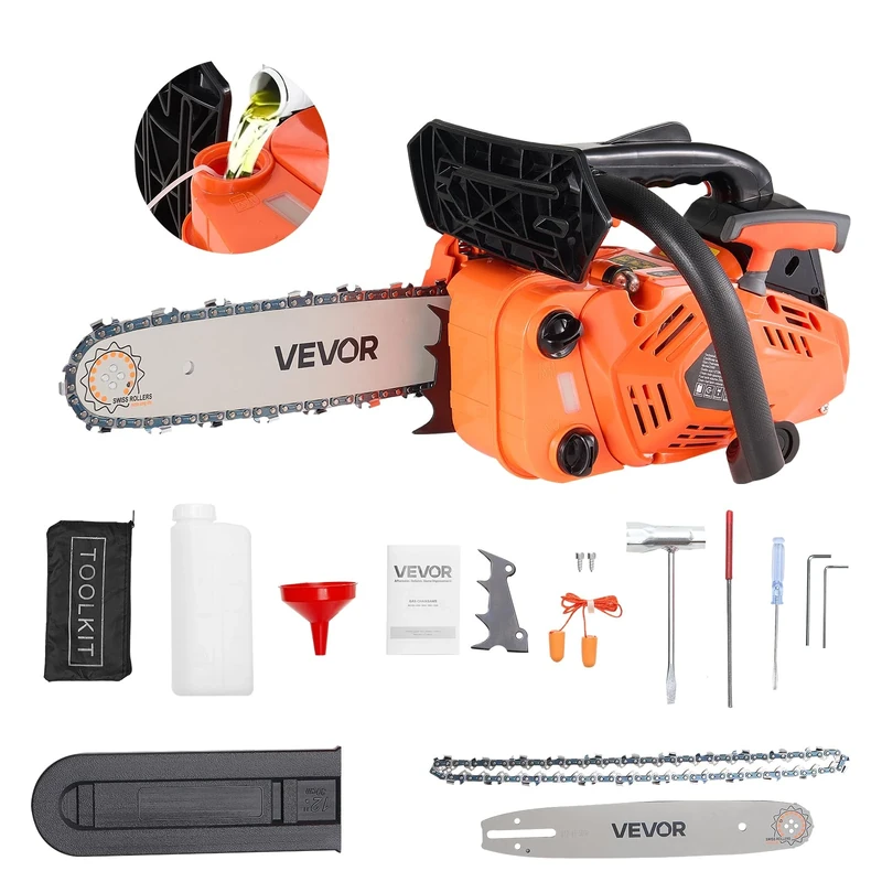 VEVOR 25 cc Gas Chainsaw, 12 inch Gas Powered Chainsaw, 1.02 HP Power Chain Saw with Non-Slip Handle, Gas-Powered Chainsaws with Dual Fuel Tanks, for Wood Cutting, Tree Trimming, and Land Clearing