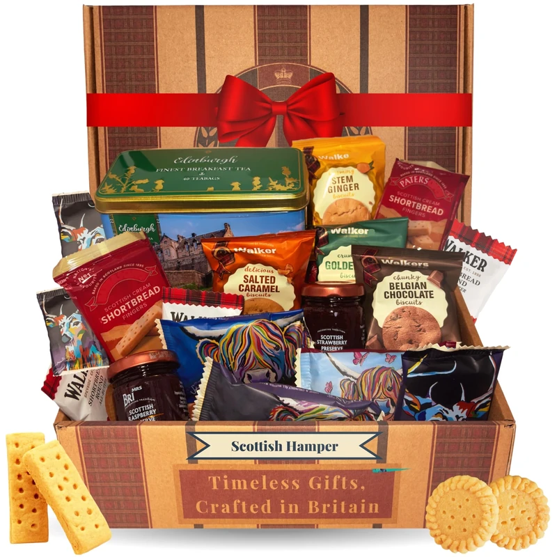 Scottish Gifts Tea and Biscuits Gift Set – Afternoon Tea Hamper for 2 Bundle Contains Individually Wrapped Biscuits, Edinburgh Teabag Tin and Raspberry & Jam Preserves