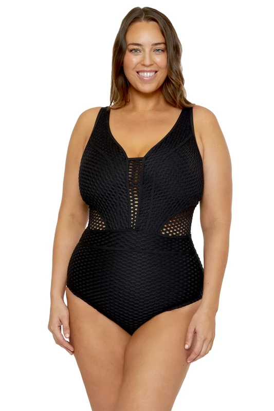 Becca Women's Castaway Plus Size Tummy Control One Piece Swimsuit, Plunge Neck, Adjustable, Tie Back, Bathing Suits, Black, 0X