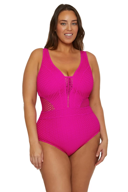 Becca Women's Castaway Plus Size Tummy Control One Piece Swimsuit, Plunge Neck, Adjustable, Tie Back, Bathing Suits, Azalea, 0X