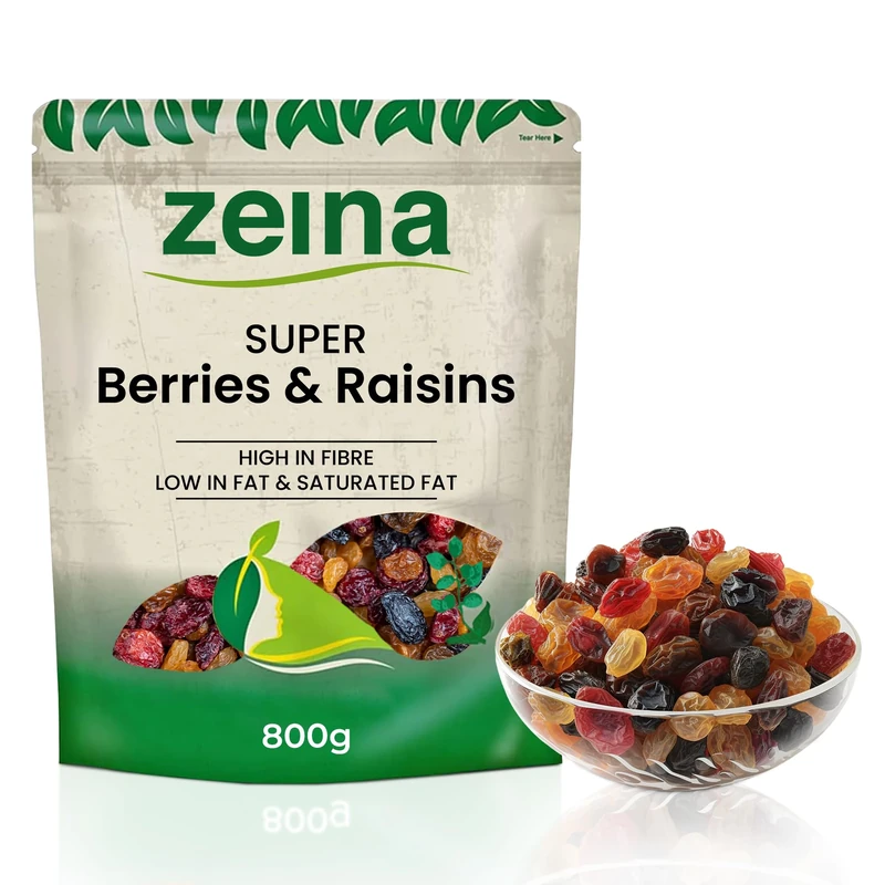 Zeina Super Berries & Raisins Mix (800g) – Premium Vegan Dried Fruit Snack with Goji Berries, Blueberries, Cranberries & Raisins – Healthy, Natural, Resealable Zip Pouch, Great for On-the-Go
