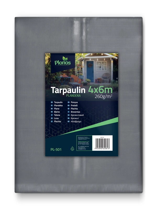 Plonos Tarpaulin 4 x 6 m 260 g/m² -Waterproof, UV, Extra Tear-Resistant with Metal Eyelets, Black, 4x6 m