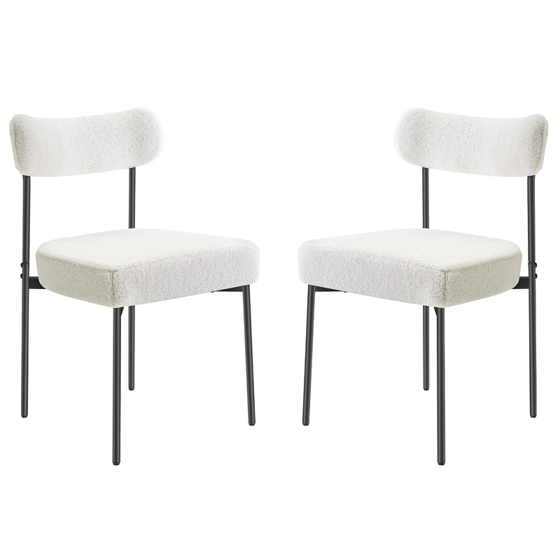 VEVOR Boucle Dining Chairs Set of 2, Mid Century Modern Sherpa Accent Chairs, Upholstered Side Chair for Dining Table, Space-Saving White Kitchen Table Chair with Curved Backrest and Black Metal Legs
