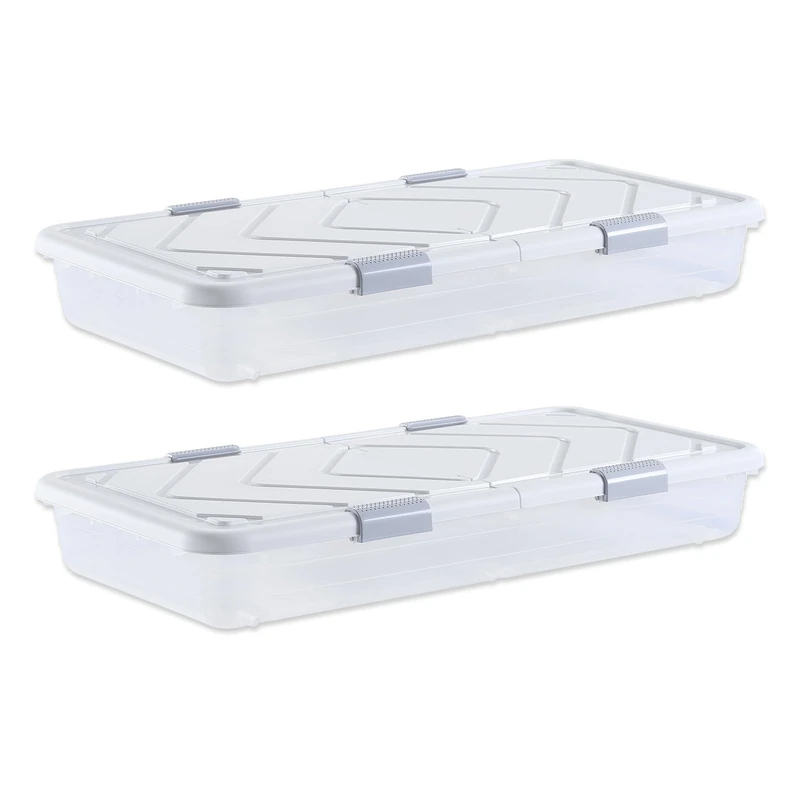 VEVOR Under Bed Storage with Wheels, 39.8 x 20.1 x 5.9 inch Underbed Containers, Underbed Shoes Organizer with Lid & Gray Latch, Rolling Under the Bed Storage Bins for Clothes Shoes Blankets, 2 Pack