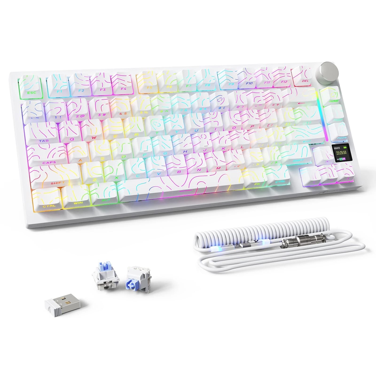 MAMBASNAKE Attack Shark X820 Ultra Gaming Mechanical Keyboard with TFT Screen & Knob, LIGHTSYNC RGB Chroma 75% TKL Wireless BT/2.4G/ Wired Gasket Hot Swap Keyboard, Coiled Cable - Shark Switch/White