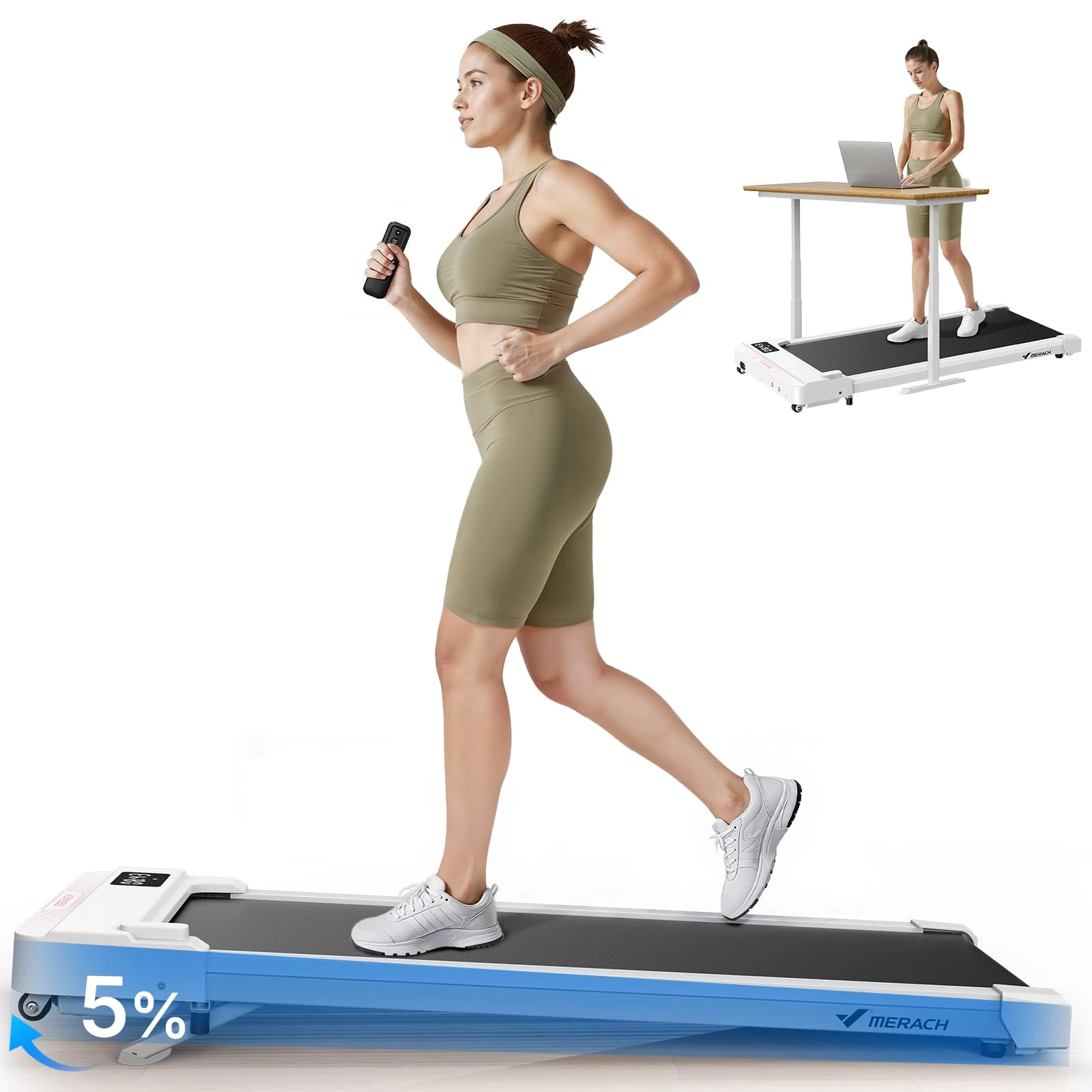 MERACH 2 in 1 Walking Pad with 5% Incline, 2-6 km/h Treadmill for Home, 3.0HP Under Desk Treadmill, Walking Pad for Home and Office, Remote Control, Load Capacity up to 136 kg, LED Display, APP（White)