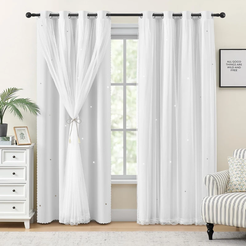 XiDi White Curtains 96 Inches Long for Girls Bedroom Living Room Darkening Privacy Double Layer Curtains with Sheer Overlay for Kids Toddler Princess Nursery Room Decor Grommet Window Drapes W52 X L96