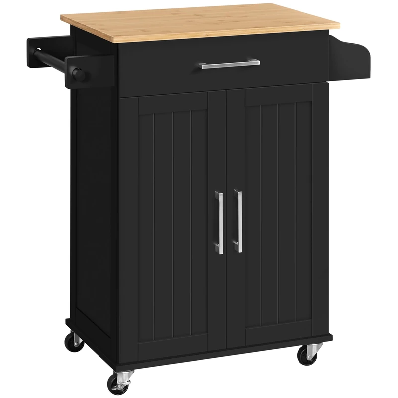 Yaheetech Kitchen Storage Trolley on Wheels With Bamboo Worktop, Rolling Kitchen Island Cart With Towel & Spice Rack for Dining Rooms, Black