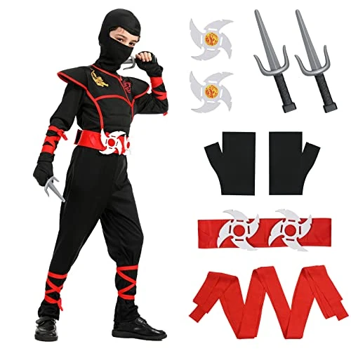 Aomig Kids Halloween Fancy Dress Costume with Ninja Accessories, Warrior Muscle Costume for Boys Girls, Luxury Role Play Outfit for Halloween Cosplay Theme Party (S-XL)