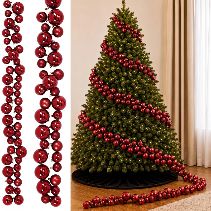 Sosation 30 Ft Christmas Ball Garland Red and Burgundy Balls Ornament Garland for Christmas Tree Mantel Staircase Holiday Party Decor, Shatterproof Xmas Ornament with Assorted Baubles (Burgundy)