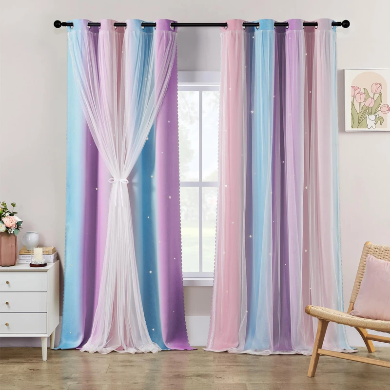 XiDi Curtains for Girls Bedroom Decor 108 Inches Long Colorful Rainbow Blackout Curtains for Kids Princess Nursery Room Unicorn Wall Decor Ombre Grommet Drapes Pink Purple W34 X L108 2 Panels