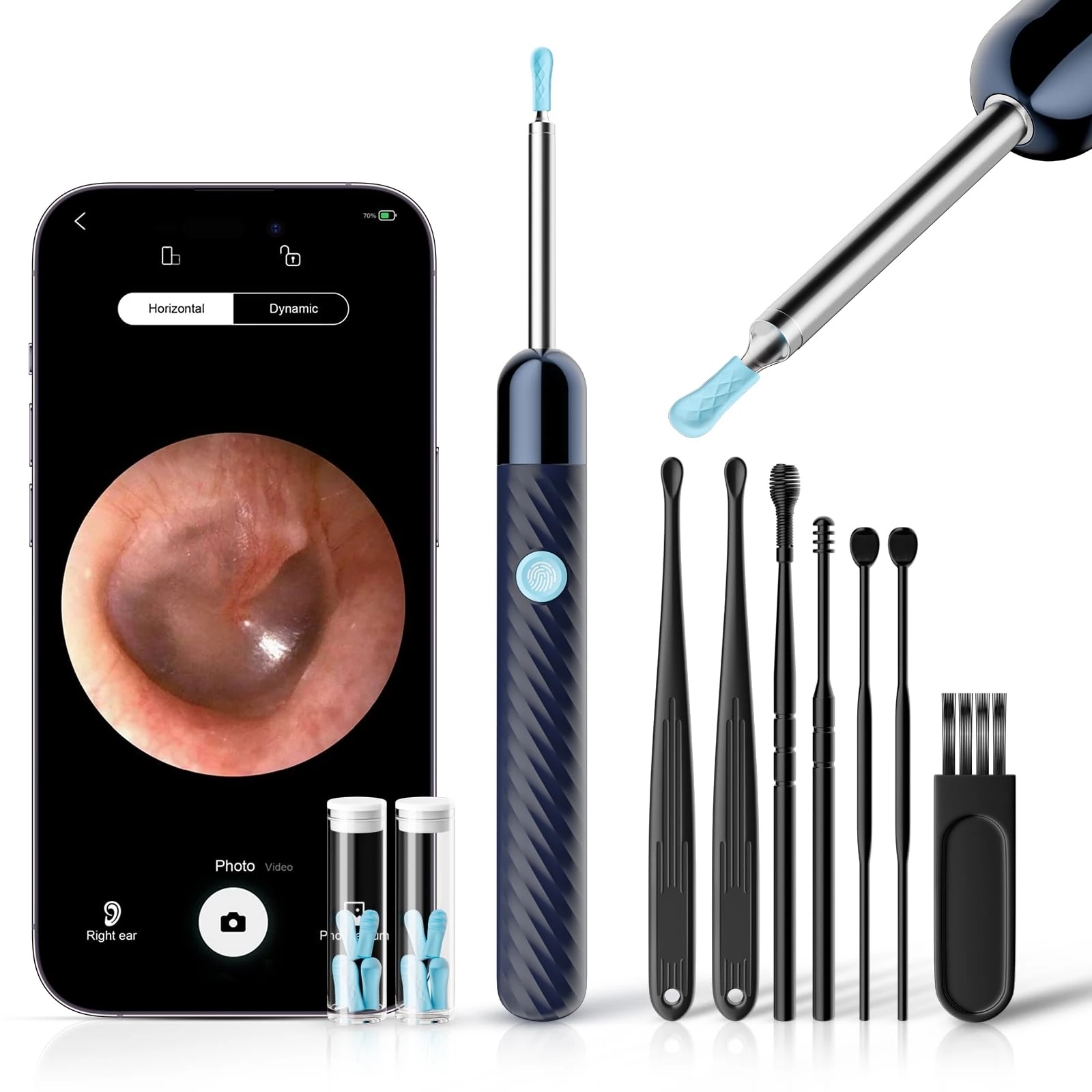 Ear Wax Removal - Earwax Remover Tool with 7 Pcs Ear Set - Ear Cleaner 1080P HD Ear Scope - Camera with 6 Led Lights - Ear Cleaning Kit with 11 Ear Spoon - Ear Camera for iOS & Android（Blue）
