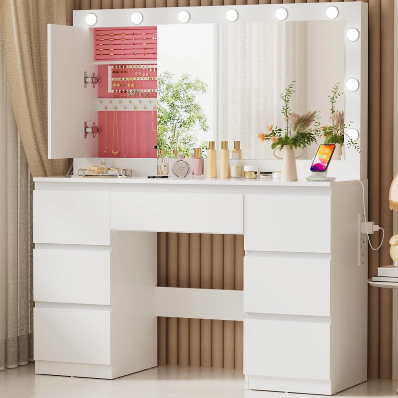 TRIUMPHKEY Dressing Table with Large LED Mirror,Brightness Adjustable,Vanity Table Makeup Desk with 7 Drawers and Power Outlet,Jewelry Storage Cabinet,White Bedroom Furniture