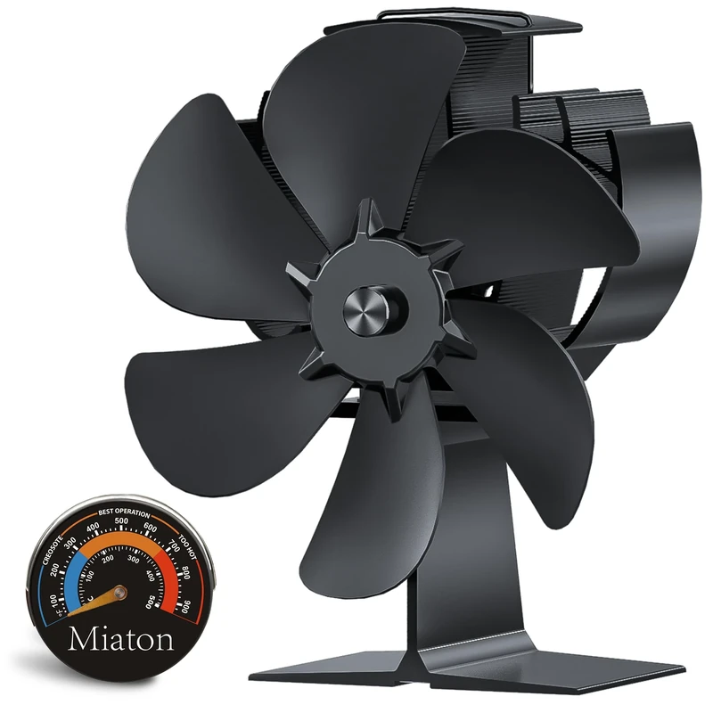 Miaton Log Burner Fan Silent Operation | 6-Blade Stove Fans for Wood Burner | Heat Powered Wood Burning Stove Fan with Log Burner Thermometer | Fireplace Accessories Tools