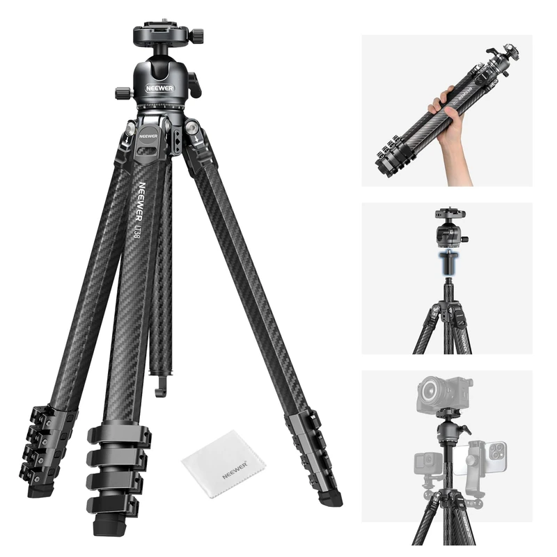 NEEWER LITETRIP LT38 61" Travel Camera Tripod, Carbon Fiber Portable Stand, 360° Pan Tilt Ball Head, Center Axis, Arca Type QR Plate Compatible with Peak Design Clip V3, Max Load 22 lb, Cleaning Cloth