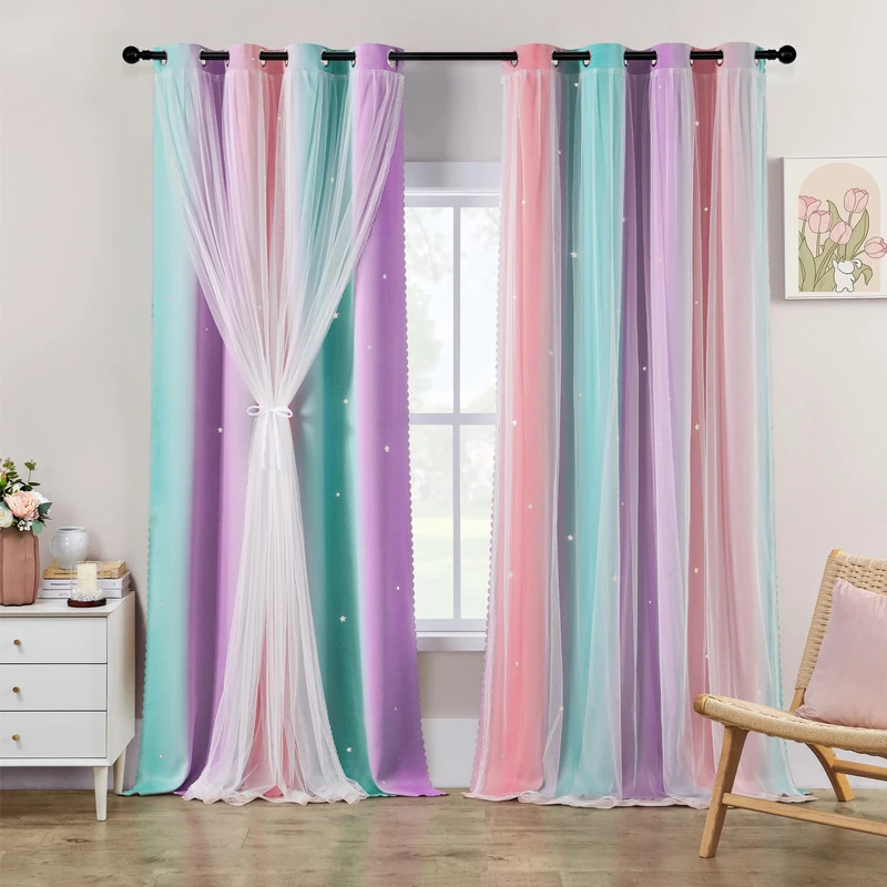 XiDi Girls Blackout Curtains 108 Inches Long for Bedroom, Room Darkening Grommet Window Ombre Curtains 2 Panel Sets, Kids Unicorn Princess Theme Decor Colorful Rainbow Design Pink Purple Green 52x108