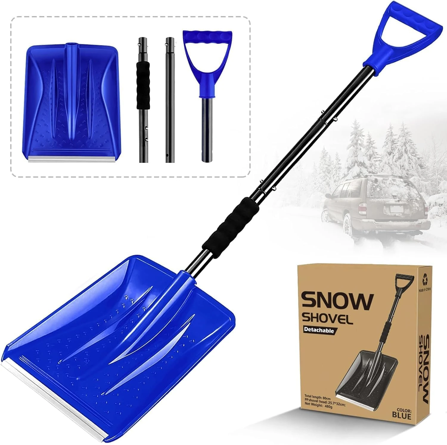 Snow Shovel for Car Driveway, New Upgrade Snow Shovels for Snow Removal, Lightweight Portable Adjustable Large Capacity Shovel Perfect for Garden, Camping, Snowman Playing and Emergency(BLUE)