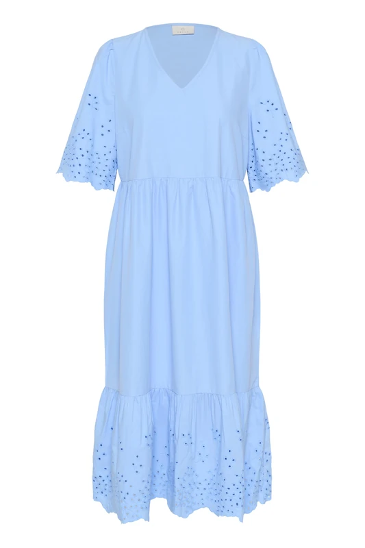 KAFFE Women's Midi Dress V-Neck Loose Fit Half Sleeves English Embroidery