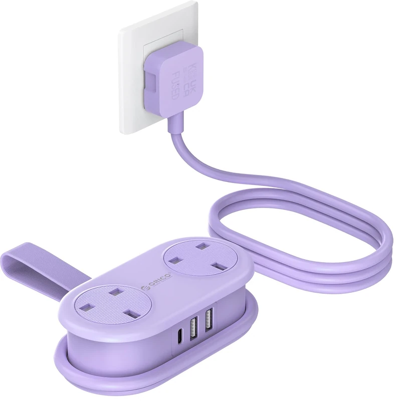 ORICO Travel Extension Lead with USB Slots, 2 Outlets 3 USB Ports (1 USB C), 3250W 13A Socket Extensions, Rollable Extension Cord for Travel/Home/Office, Essentials Cruise Approved Power Strip-Purple