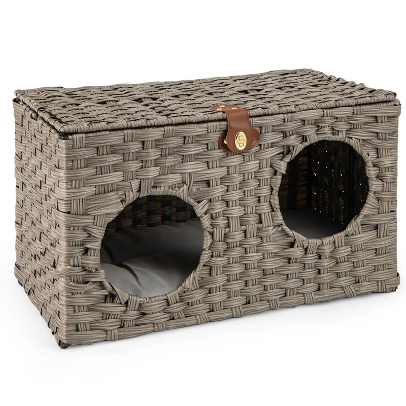 GYMAX Foldable Wicker Cat House, Rattan Kitten Condo with Washable Soft Cushion and Lockable Lid, Indoor Pet Furniture Cat Bed for Living Room Bedroom (Gray, 60 x 35 x 35 cm)