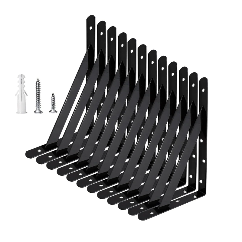 Heavy Duty Shelf Brackets Wall Mount Steel Bracket Wall Brackets for Shelves (Black, 16 x 10 Inch-6 Pairs)