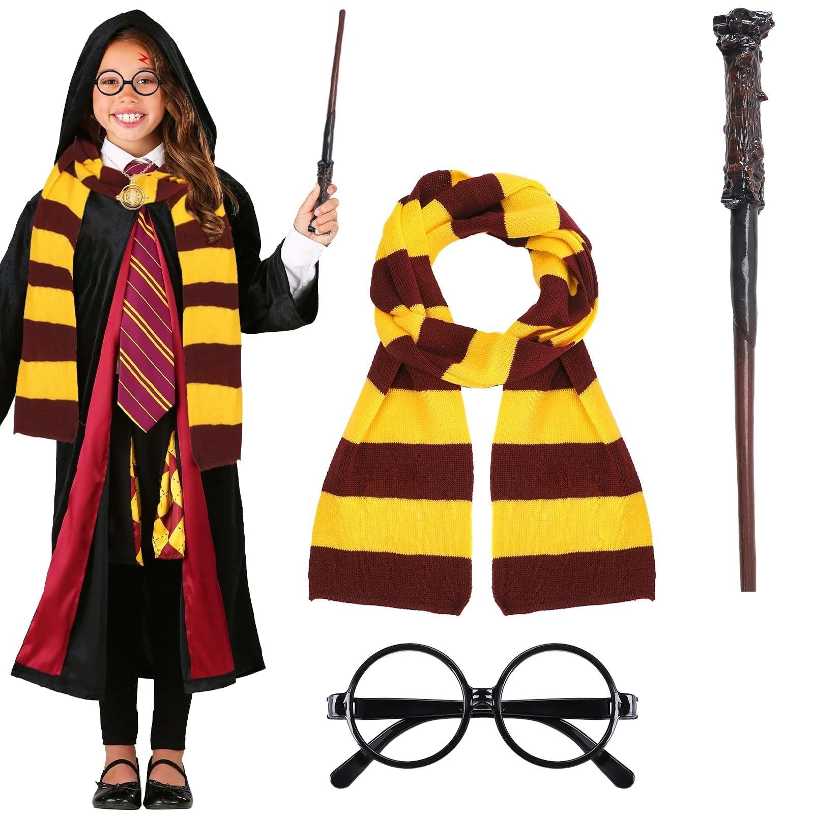 KMLGY 9 Pcs Wizard Costume Accessories Set with Wizard Hat Scarf Glasses Wand Necklace Tattoo Stickers, Harry Wizard Cosplay Outfit Fancy Dress for Halloween Party World Book Day