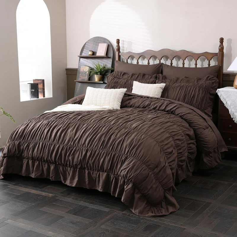 Herside Brown Ruffle Comforter Set King Size,Ruched Boho Bedding 9 Pcs Bed-in-a-Bag,Luxury Bedding Set with Sheet,Shabby Chic Quilt Set Soft Fluffy Vintage Comforter for Room Decor All Season