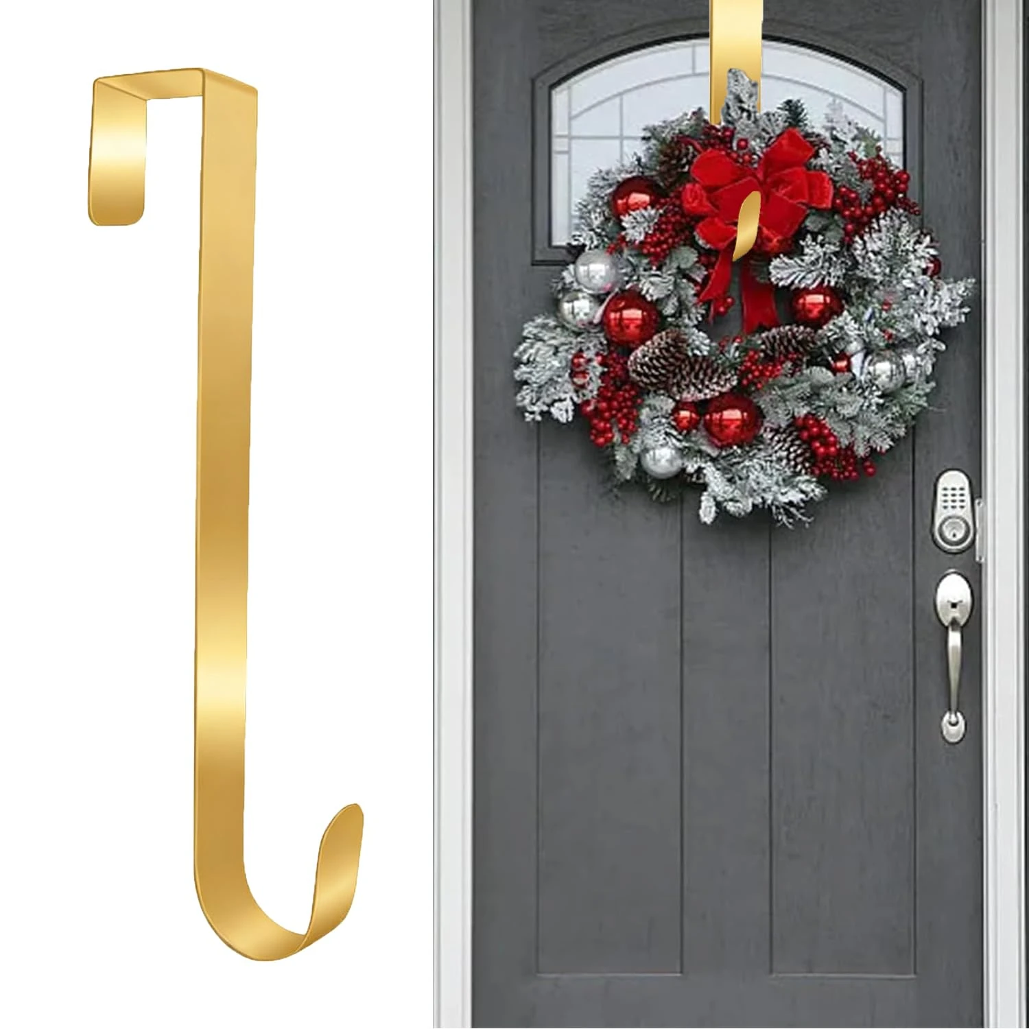 Kukigo Wreath Hangers for Front Door,Christmas Wreath Hanger Door Wreath Hook Over The Door Hanger,Halloween Door Wreath Garland Hanger Metal Wreath Holder for Easter Front Door Decorations (Gold)